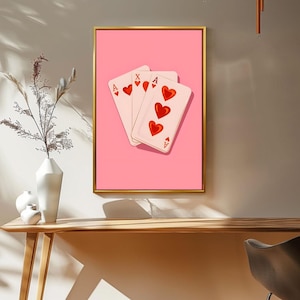 Arte mural de naipes con forma de corazón, impresión minimalista de juego de cartas, decoración moderna rosa, idea de regalo de amor, póster de San Valentín, arte mural divertido