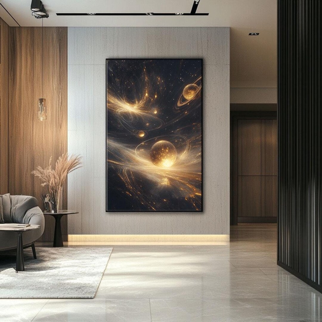 Golden Planets Abstract Space Canvas, Cosmic Wall Art With Galactic ...