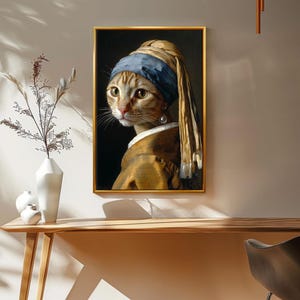 Cat With A Pearl Earring Wall Art, Funny Animal Canvas Portrait, Vermeer Parody Cat Print For Classic Art Lovers And Cat Enthusiasts