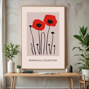 Minimal Red Poppy Canvas Wall Art, Bold Botanical Print for Modern Home Wall Decor | Floral Illustration Painting in Beige and Red