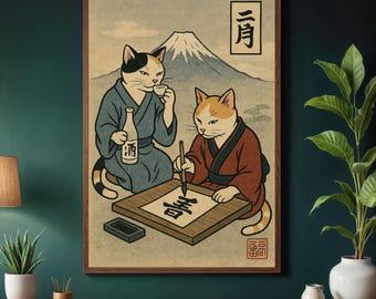 Ukiyo-e Cat Art Print: Fuji Mountain Japanese Poster