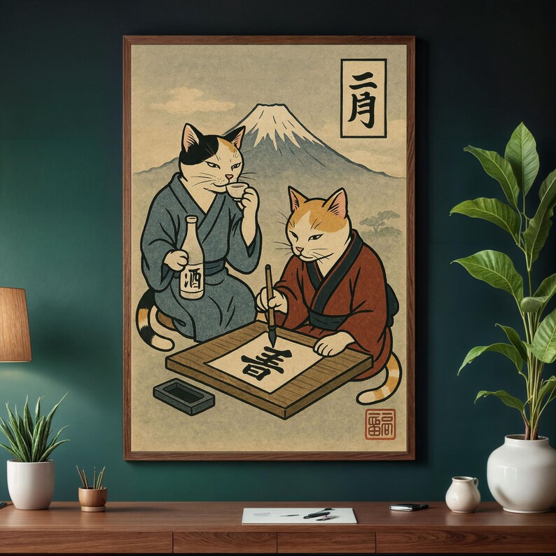 Ukiyo-e Cat Art Print: Fuji Mountain Japanese Poster - Etsy