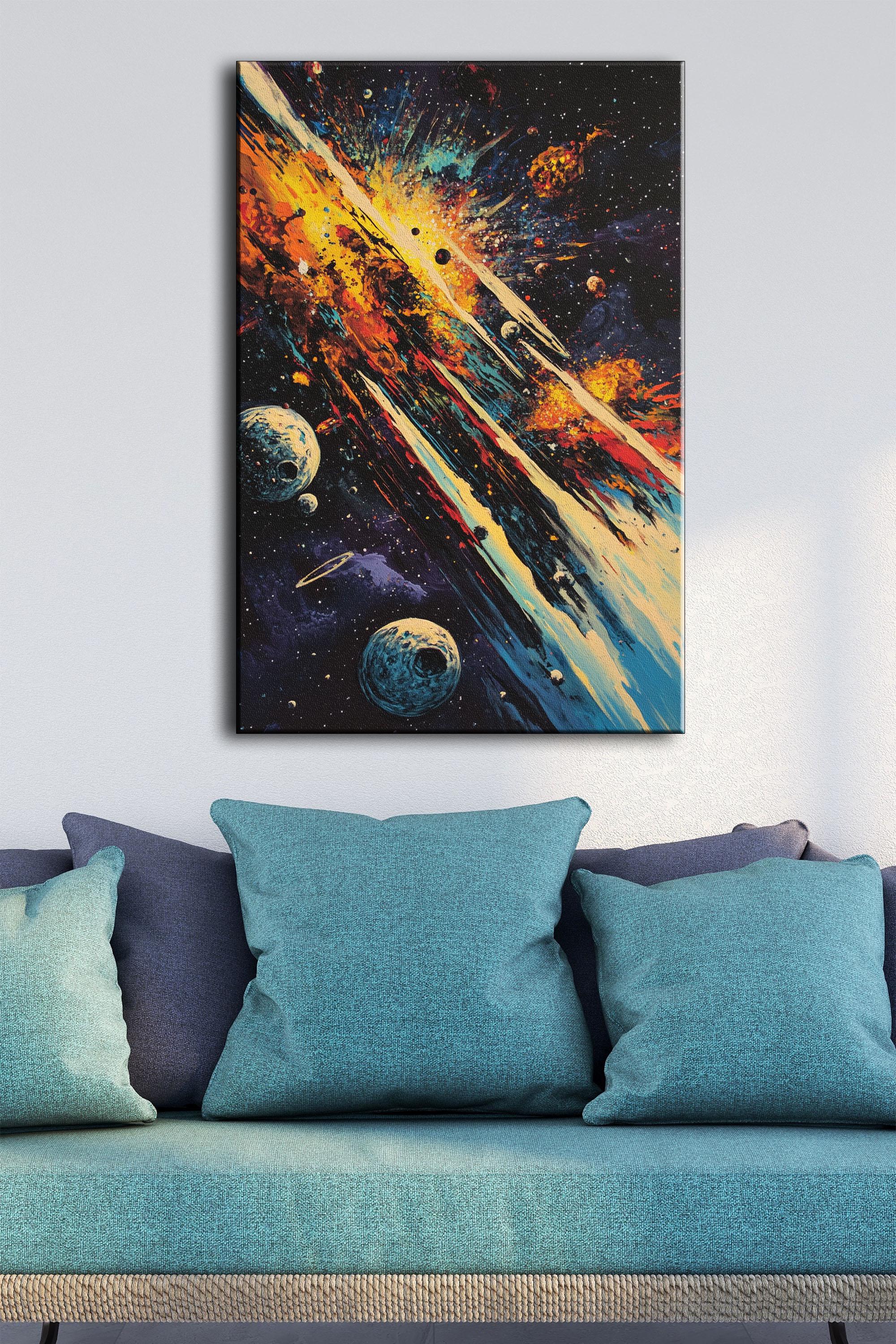 宇宙はこうしてうまれた 抽象画 キャンバスアート 青と黄 漫画風の宇宙