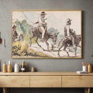 Western Cowboy Canvas Art, Rustic Horseback Wall Decor, Vintage Watercolor Canvas Print, Country Landscape Art