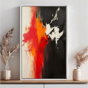 Abstract Canvas Wall Art, Asymmetric Modern Design with Frame Options, Black, White, Orange, and Red Tones