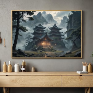 Enchanted Feudal Shrine Wall Art, Mystical Japanese Temple in Foggy Mountains, Zen Samurai Era Fantasy Print, Traditional Asian Architecture