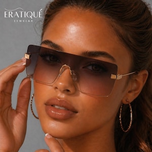 Big Frameless Rectangular Brown Metal Sunglasses| UV Protection |Thin Lightweight Frame