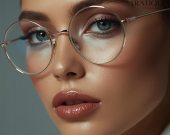 May include: Close-up of a person wearing round, gold-rimmed eyeglasses. The glasses have clear lenses and are set against a soft, neutral background. The image also features the brand name "ERATIQUE EYEWEAR" in the upper right corner.