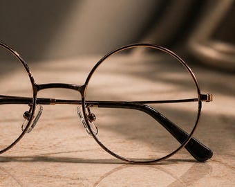 Vintage Inspired Amber Brown Round Metal Clear Lens Glasses| Thin Fashion Frames-55MM Lens