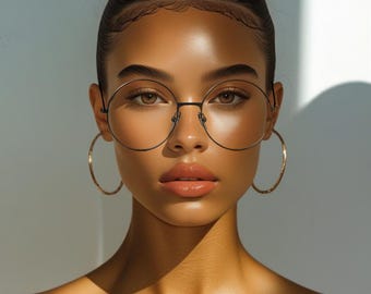 May include: A person with brown eyes wearing round, thin-framed eyeglasses and large gold hoop earrings. The person has a dark complexion and is illuminated by sunlight, creating a glowing effect on the skin.