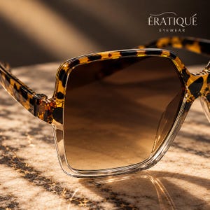 May include: Oversized sunglasses with a brown and black tortoiseshell frame and gradient brown lenses. The frame features a square shape with rounded edges. The text ÉRATIQUÉ EYEWEAR is visible in the upper right corner of the image.
