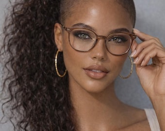 Small Amber Brown Cat Eye Clear Lens Glasses| RX Ready Lightweight Fashion Frames