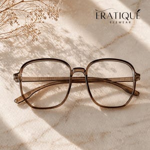 May include: Brown square-framed eyeglasses with clear lenses. The glasses have a subtle, translucent appearance and are set against a neutral background. The brand name "ERATIQUE EYEWEAR" is displayed in elegant script.
