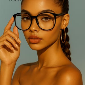 May include: Black round-frame eyeglasses with clear lenses. The glasses are held up by a hand. The brand name "ERATIQUE EYEWEAR" is printed at the top left corner. The model is wearing gold hoop earrings.