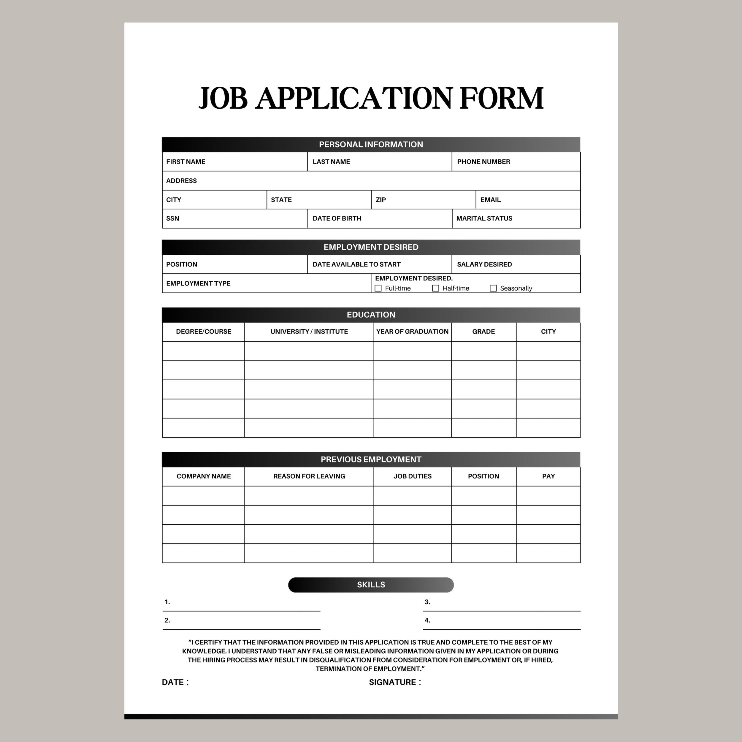 Job Application Form PDF| Fillable Form PDF| Downloadable Job ...