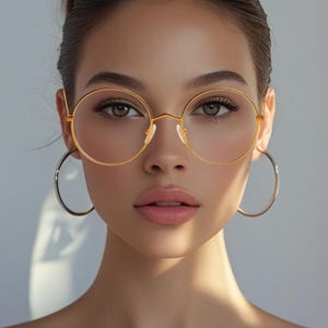 May include: A woman wearing gold-rimmed, round eyeglasses and large hoop earrings. The eyeglasses have a thin gold frame and clear lenses. The earrings are also gold. The image is branded with the text "FRATIQUE EYEWEAR".