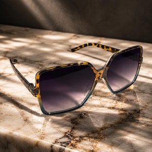 May include: Sunglasses with a brown and black tortoiseshell frame and dark gradient lenses. The frame features a distinct geometric shape with a subtle blue tint along the lower edges. The text ÉRATIQUÉ EYEWEAR is visible in the upper right corner.