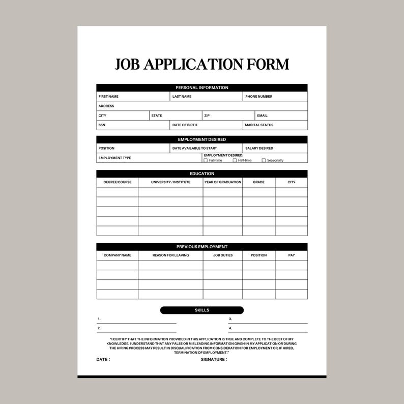 Job Application Form PDF| Fillable Form PDF| Downloadable Job ...