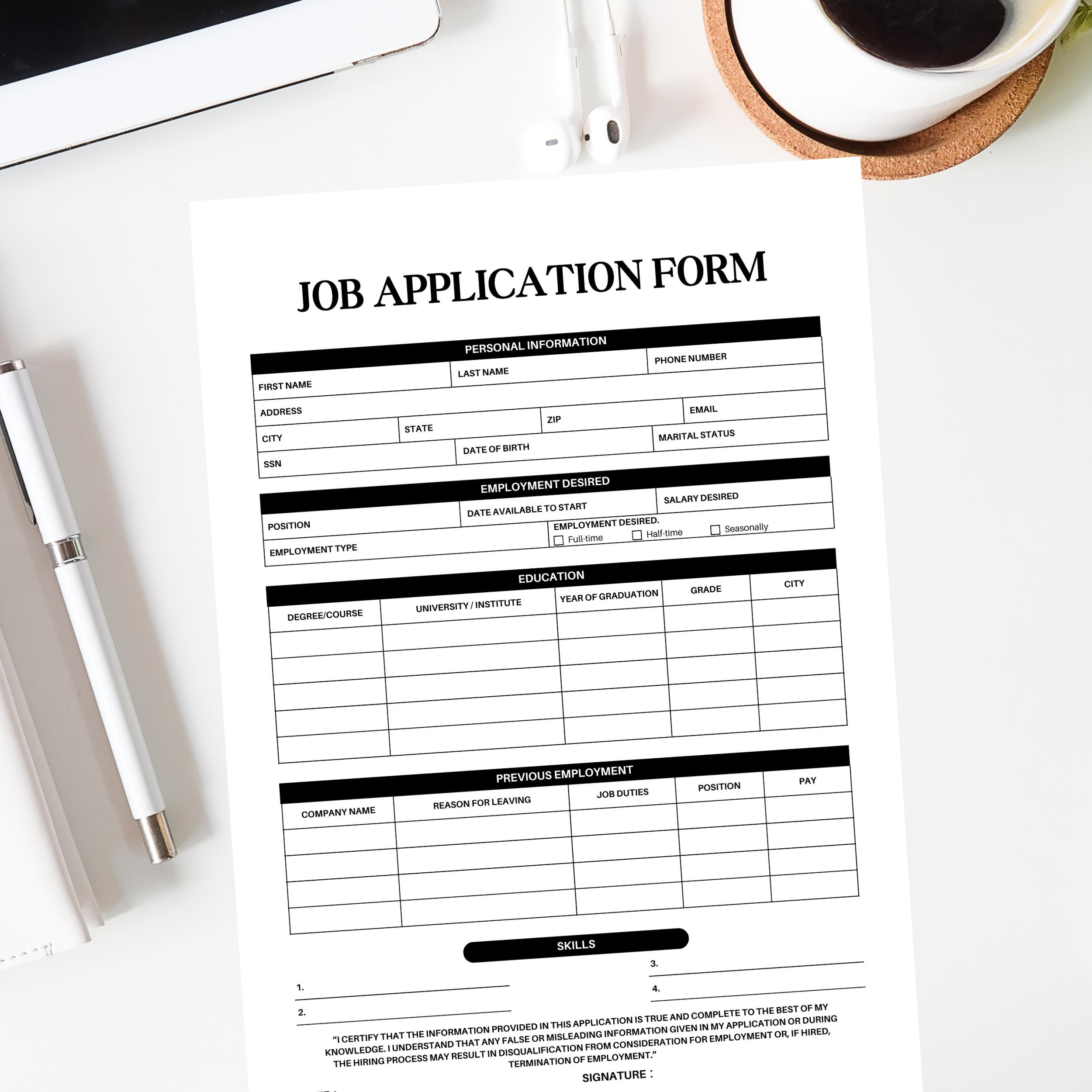 Job Application Form PDF| Fillable Form PDF| Downloadable Job ...
