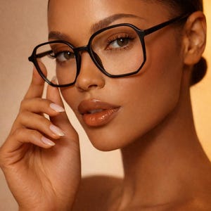 May include: Black, geometric-framed eyeglasses. The glasses are held up by a hand. The brand name "ERATIQUE" and the word "EYEWEAR" are printed at the top of the image. The model has a warm skin tone and is wearing makeup.