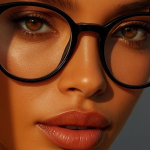 May include: Close-up of a person wearing black round-framed eyeglasses. The image highlights the glasses' design and the person's facial features, including brown eyes and full lips. The brand name "PRATIQUE" is visible.
