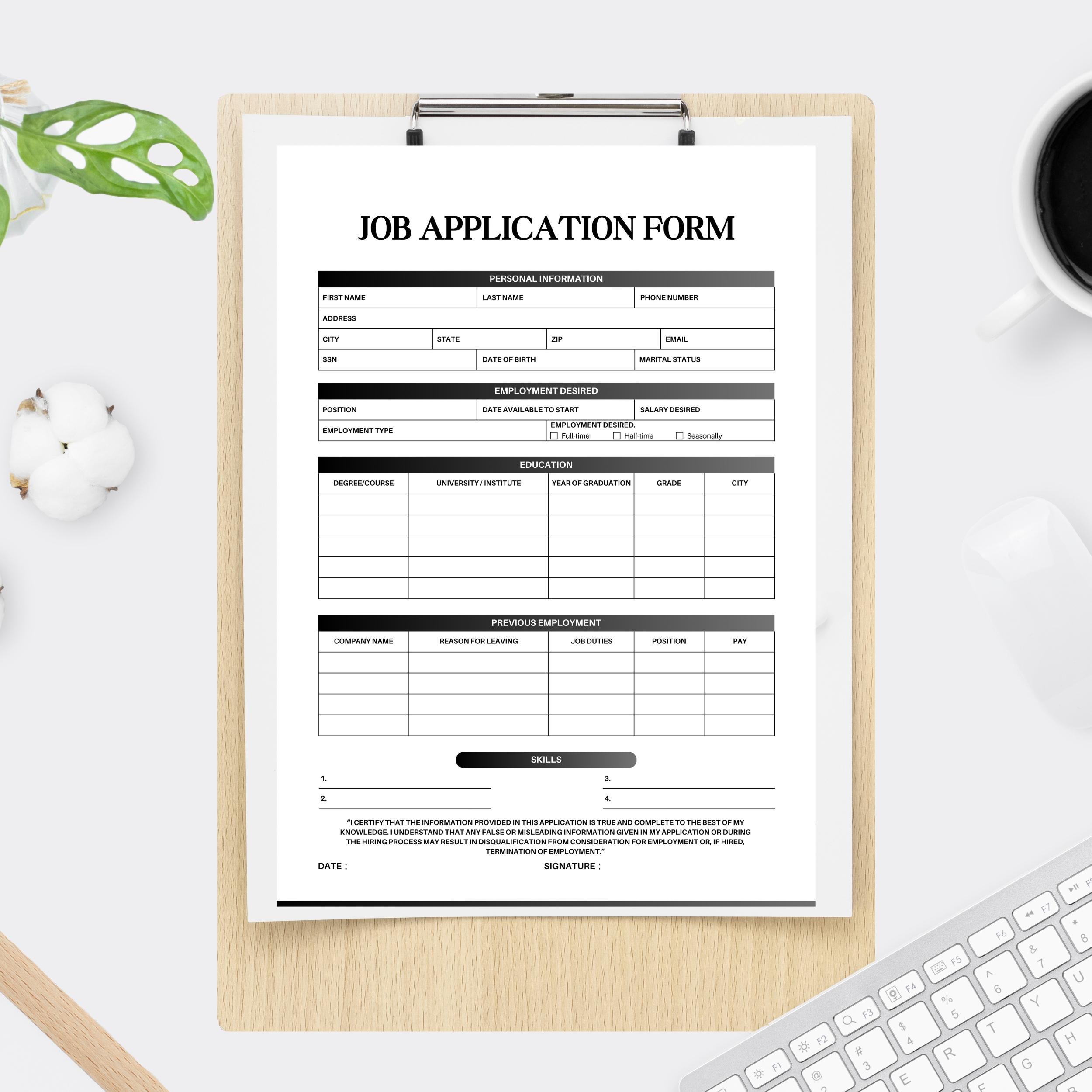 Job Application Form PDF| Fillable Form PDF| Downloadable Job ...