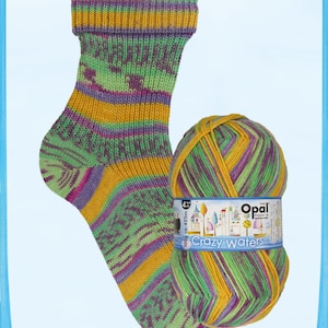 May include: A green, purple, and yellow sock yarn ball with the label "Opal Crazy Waters" and a knitted sock made from the yarn.