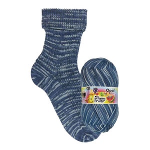 May include: A blue and white striped knit sock with a folded cuff next to a matching ball of yarn. The yarn label reads "Funny Fruits" with cartoon fruit illustrations. The sock and yarn are made of a soft, textured material.