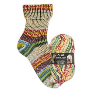 May include: A colorful sock and a ball of Opal yarn. The sock features a striped pattern in shades of red, yellow, green, and blue. The yarn ball has a similar color scheme. The label on the yarn ball reads "Opal".