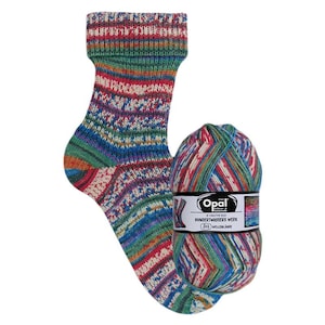 May include: A colorful sock and a ball of yarn. The sock is patterned with shades of blue, green, red, and white. The yarn ball has a matching color scheme and a label that reads "Opal". The sock is approximately 10 inches long.
