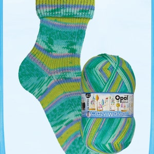 May include: A skein of Opal Crazy Waters yarn in a green, blue, and pink colorway. The yarn is shown with a knitted sock in the same colorway.