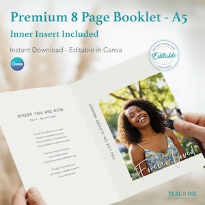 Puede incluir: Folleto A5 abierto con una foto de una persona sonriente y la frase "Forever Loved". Contiene un poema. El texto incluye "Premium 8 Page Booklet", "Inner Insert Included" y "Instant Download - Editable in Canva".