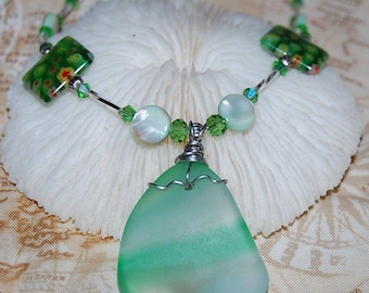 Wire Wrapped Green Swirl Faux Sea Glass Necklace 18" Handmade Beaded Jewelry