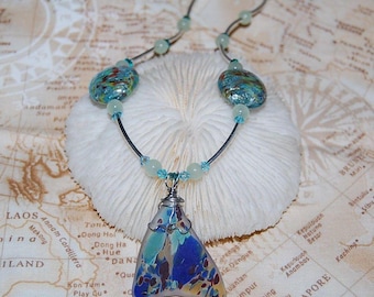 Wire Wrapped Blue Green Faux Sea Glass Necklace 20" Handmade Beaded Jewelry