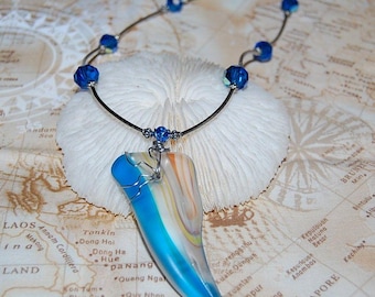 Wire Wrapped Swirl Blue Faux Sea Glass Necklace 21" Handmade Beaded Jewelry