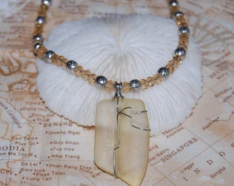 Wire Wrapped Light Yellow Faux Sea Glass Necklace 16.5" Handmade Beaded Jewelry