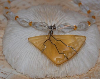 Wire Wrapped Light Amber Yellow Faux Sea Glass Necklace 19" Beaded Jewelry