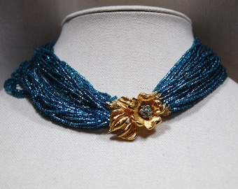 1960S MuIti Strand Blue Glass Gold Flower Clasp Torsade Collar Necklace Vintage