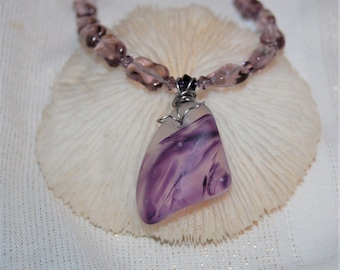 Wire Wrapped Purple Faux Sea Glass Necklace 21" Handmade Beaded Jewelry