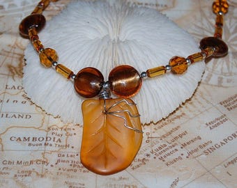 Wire Wrapped Amber Yellow Faux Sea Glass Necklace 19" Handmade Beaded Jewelry