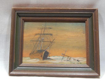 Vintage L. Forbes-Wolfe Engraved & Painted Ship Shipwreck Art 1976