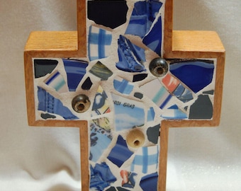 Shabby Chic Style Broken China Mosaic Wood Cross Mardi Gras