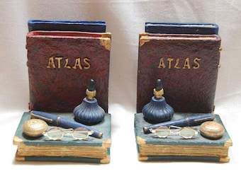 Russ Berrie Atlas Bookends Books With Stopwatch Pen Ink Well Eyeglasses