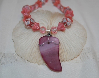 Wire Wrapped Pink Faux Sea Glass Necklace 17" Handmade Beaded Jewelry
