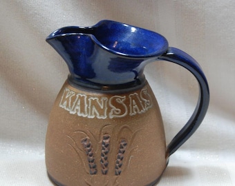 Steve Ashley Kansas Wheat Studio Pottery Stoneware Pitcher Tan Blue Signed 2000