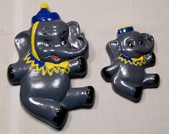 Circus Elephants Pair Ceramic/Chalkware Wall Hanging Mom & Baby