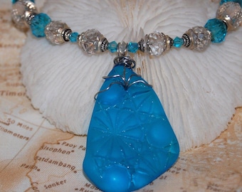 Wire Wrapped Aqua Blue Faux Sea Glass Necklace 18.5" Handmade Beaded Jewelry