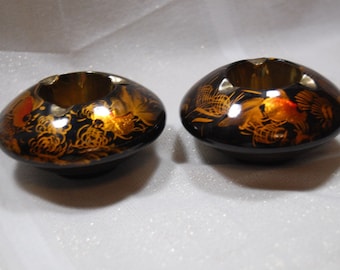 Vintage 1950's Asian Japanese Lacquer & Brass Goldfish Ashtray Set of 2