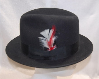 Vintage MALLORY Fur Felt Black Fedora With Feather Size 6 3/4
