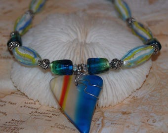 Wire Wrapped Swirl Blue Faux Sea Glass Necklace 16.75" Handmade Beaded Jewelry